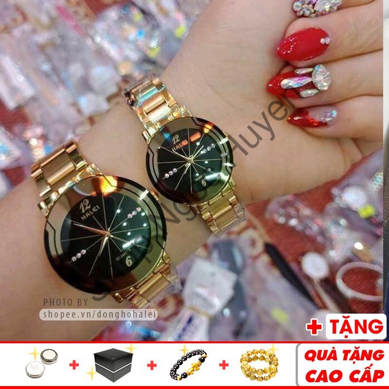 Đồng hồ cặp đôi Halei 668G Gold chống nước cao cấp chính hãng dây vàng sang trọng đẹp đôi - Shop Ngọc Huyền