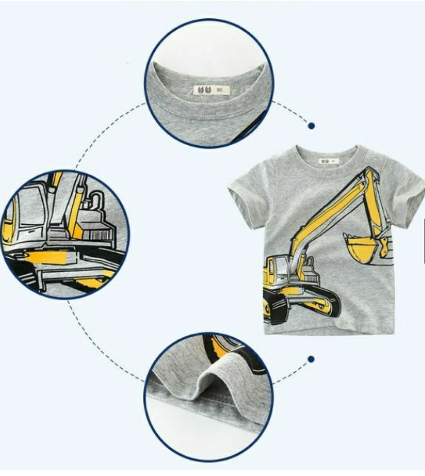 Baby Kids Children Short-sleeved T-shirt Floral Gray Excavator Printing Clothes