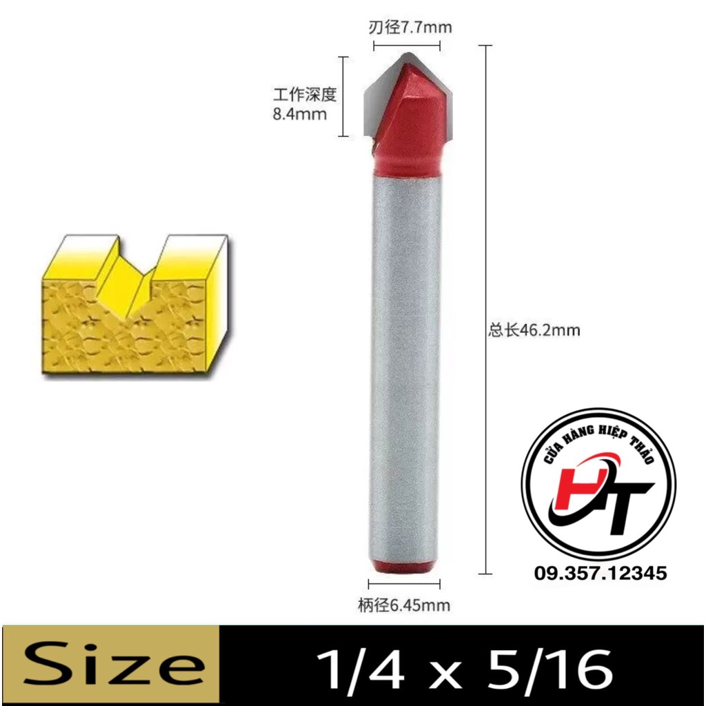 Mũi soi gỗ chữ V mũi phay alu 45 độ cốt 6.35mm lắp máy phay cầm tay MSV-DO-TQ