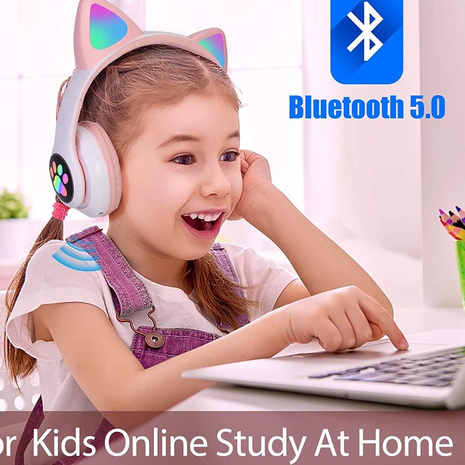 ➟G7 ➟ Tai Nghe Bluetooth Không Dây Âm Thanh Nổi Hình Tai Mèo b Có Đèn LED mic hengset erphone HP hedpone Âm Thanh Nổi Màu Hồng Cho Trẻ Em Hanset blutut