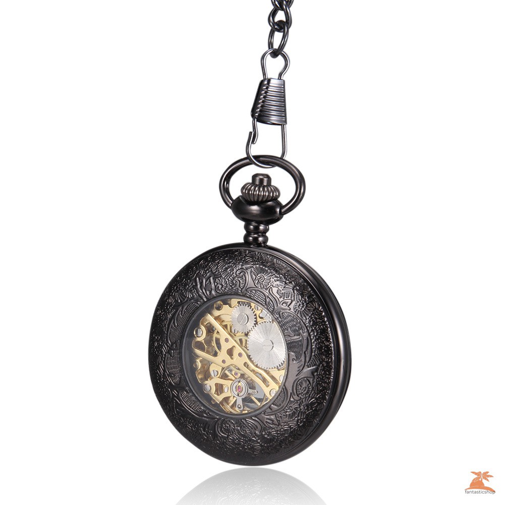 #Đồng hồ bỏ túi# Men Women Quartz Pocket Watch Black Hollow Petal Carved Case with Chain