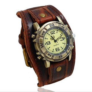 Lớn rộng dây da đồng hồ nam punk thạch anh vòng đeo đồng hồ đeo tay vintage retro vòng tay lắc tay
