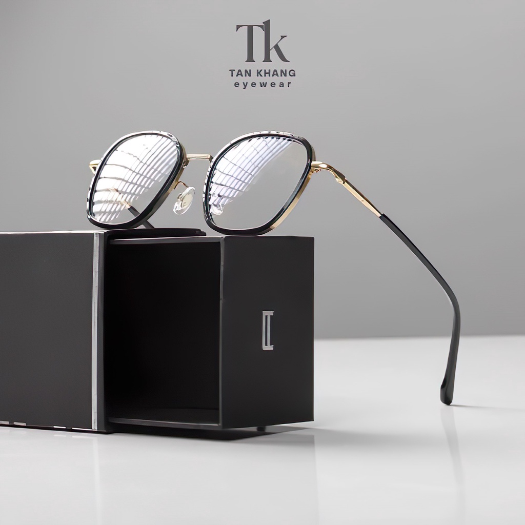 Gọng kính cận vuông kim loại unisex nam nữ càng nhựa nhẹ dành cho người mặt to V2