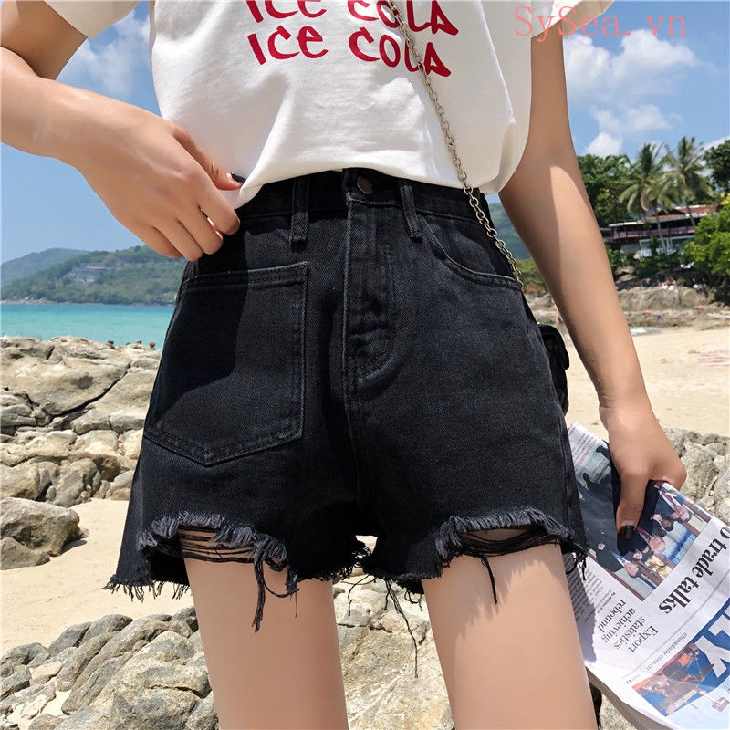 Quần Short Denim Ống Rộng Lưng Cao Phong Cách Hàn Quốc Dành Cho Nữ