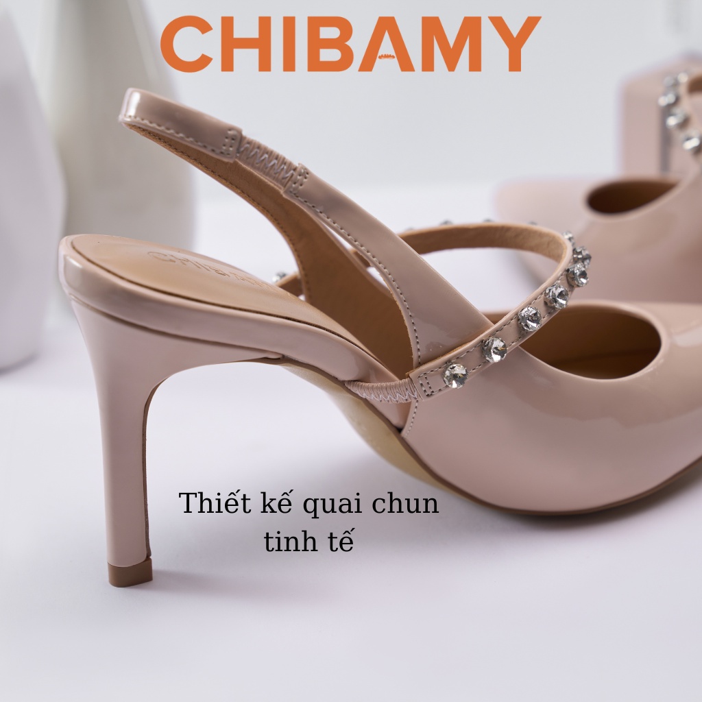 Giày cao gót nữ mũi nhọn đính đá Rhinestone gót nhọn cao 9cm hở gót hàng cao cấp CHIBAMY