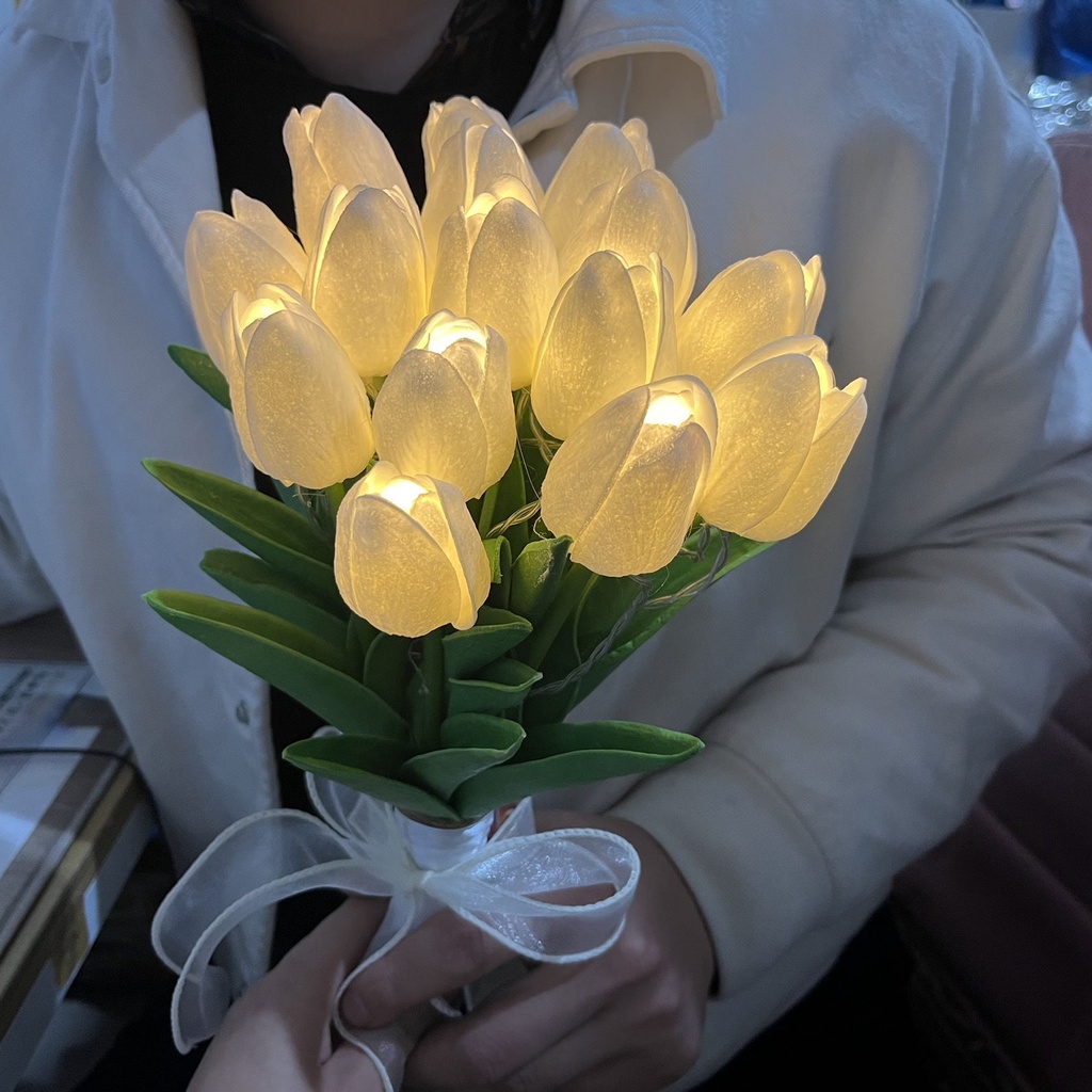 Hoa Tuylip có đèn led phát sáng bó 10 bông hoa lụa giả kèm nơ xinh decor trang trí nhà cửa quà tặng