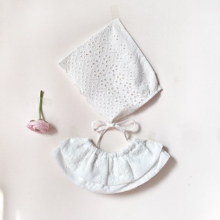 Set yếm + mũ thô chóp nhọn bé gái set yếm + nón bonnet size 0-2y thô thêu style Hàn byNayoung