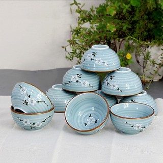 Bộ bát ăn cơm men Lam Ngọc vẽ hoa Anh đào gốm sứ Bát Tràng