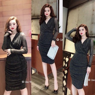 Đầm body kim tuyến nhũ ( Size S-M-L-XL ) cổ V đắp chéo thân nhúng HÀNG THIẾT KẾ