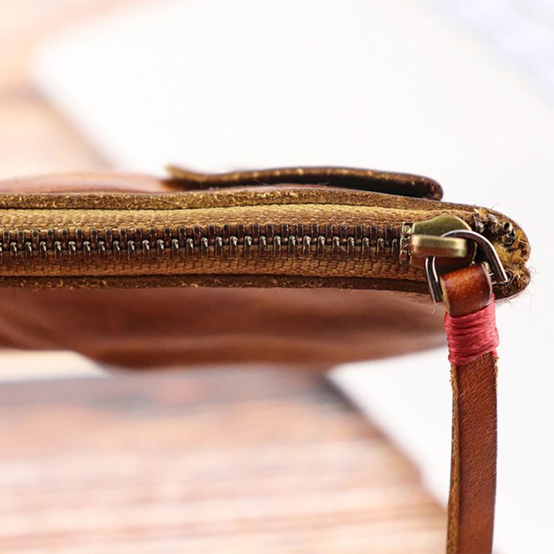 Ví Da Thật Đựng Tiền Xu Có Khóa Kéo Phong Cách Vintage Thẻ