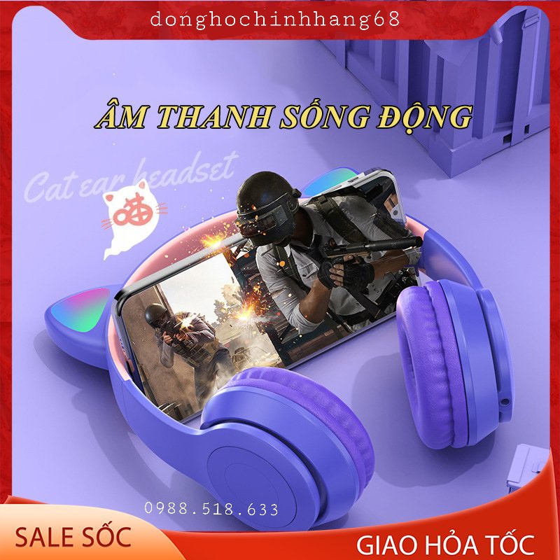 Tai Nghe Mèo Bluetooth P47M Chụp Tai, Tai Mèo Dễ Thương Có Mic, Âm Bass Mạnh Mẽ Bảo Hành 12 Tháng