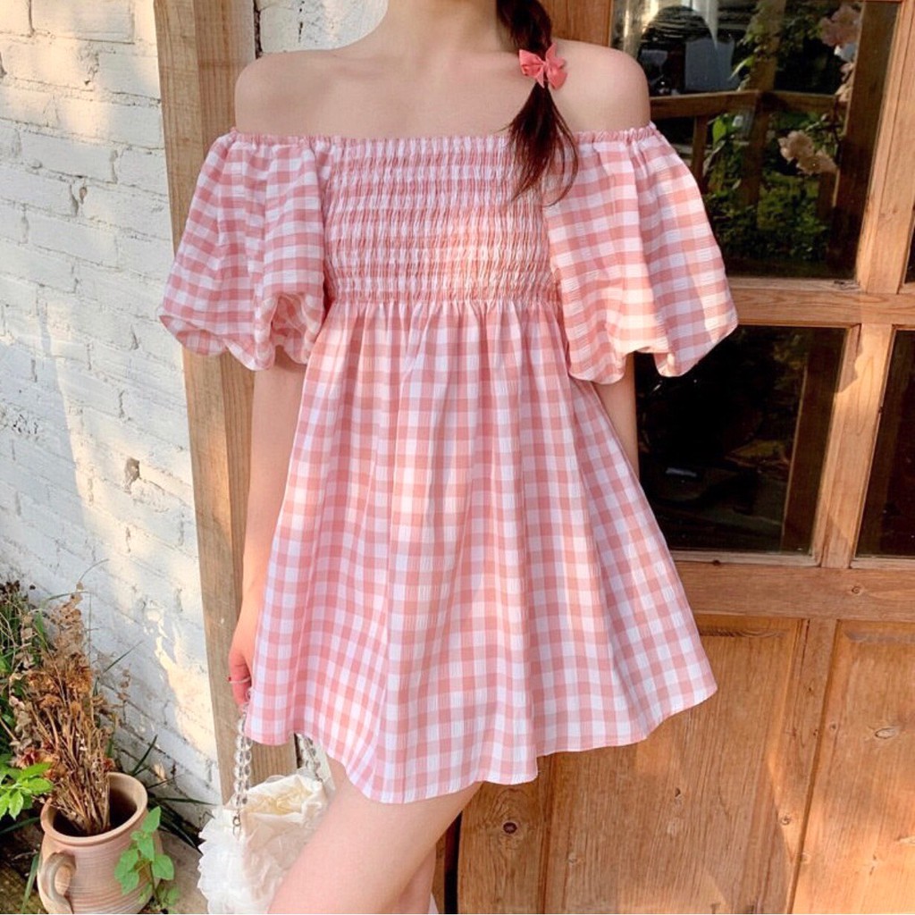 Đầm Trễ Vai Tay Bồng Caro PEONYB Nữ [FREESHIP] 🌸 Váy babydoll hở lưng bánh bèo tiểu thư màu XANH | HỒNG Ulzzang HOT 🌸 | BigBuy360 - bigbuy360.vn