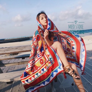 Khăn Choàng Đi Biển hoạ tiết thổ cẩm - Khăn thổ cẩm đỏ cam