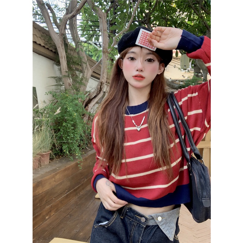 HUANG YOYO 2023 croptop Áo Sweater Dệt Kim Tay Dài Cổ Tròn Kẻ Sọc Kiểu Hàn Quốc Thời Trang Cho Nữ