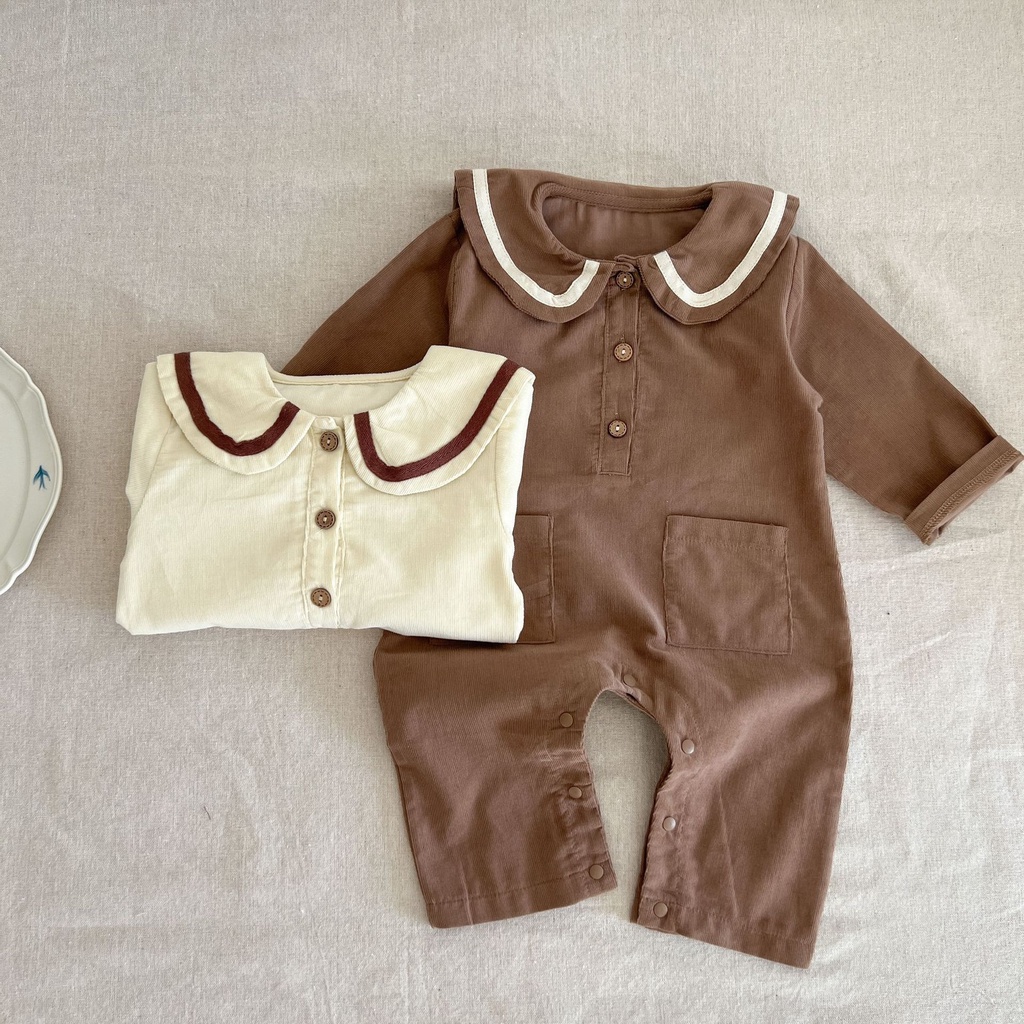 Bộ Áo Liền Quần Bằng Nhung Kẻ Màu Trơn Phong Cách Preppy Mùa Thu Mới Cho Bé