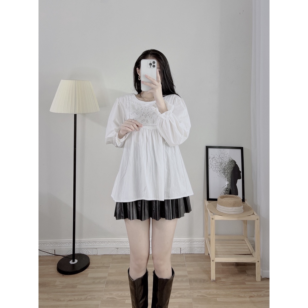 Áo sơ mi nữ trắng tay dài thêu hoa cổ ngực bản to babydoll, Áo sơ mi nữ cộc tay bồng thêu hoa ngực cổ khuy lưng