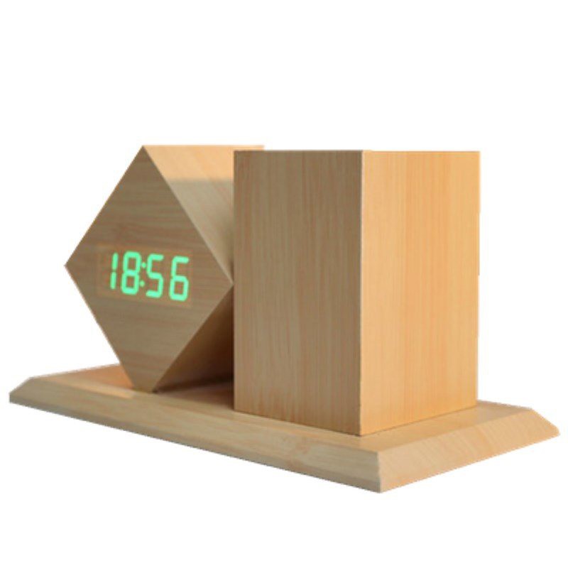 Đồng hồ led kết hợp hộp bút gỗ đo nhiệt độ phòng, đặt bàn làm việc rất tiện ích và sang trọng