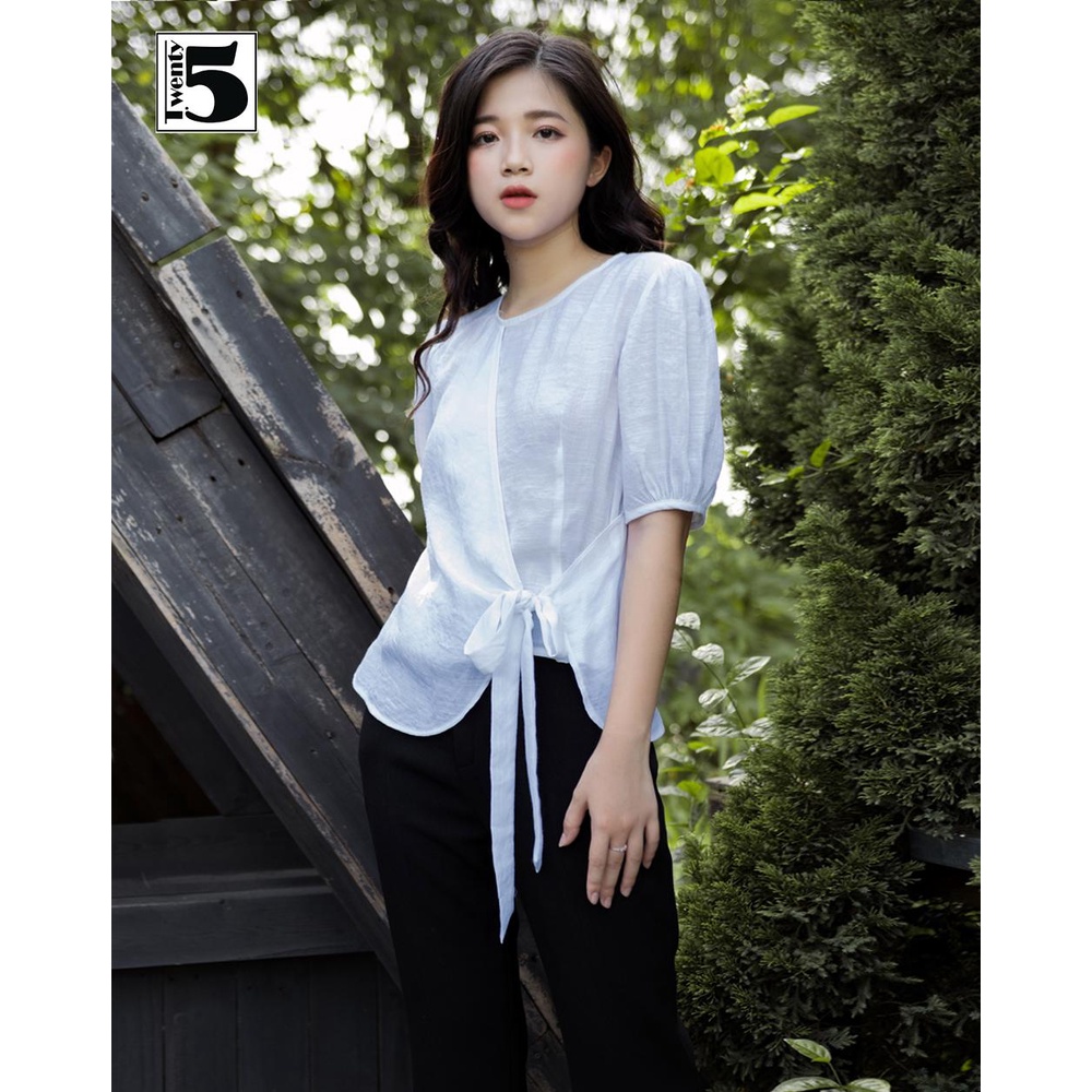 Áo sơ mi kiểu nữ công sở đắp tà thắt nơ eo chất cotton nhăn Twentyfive TA5