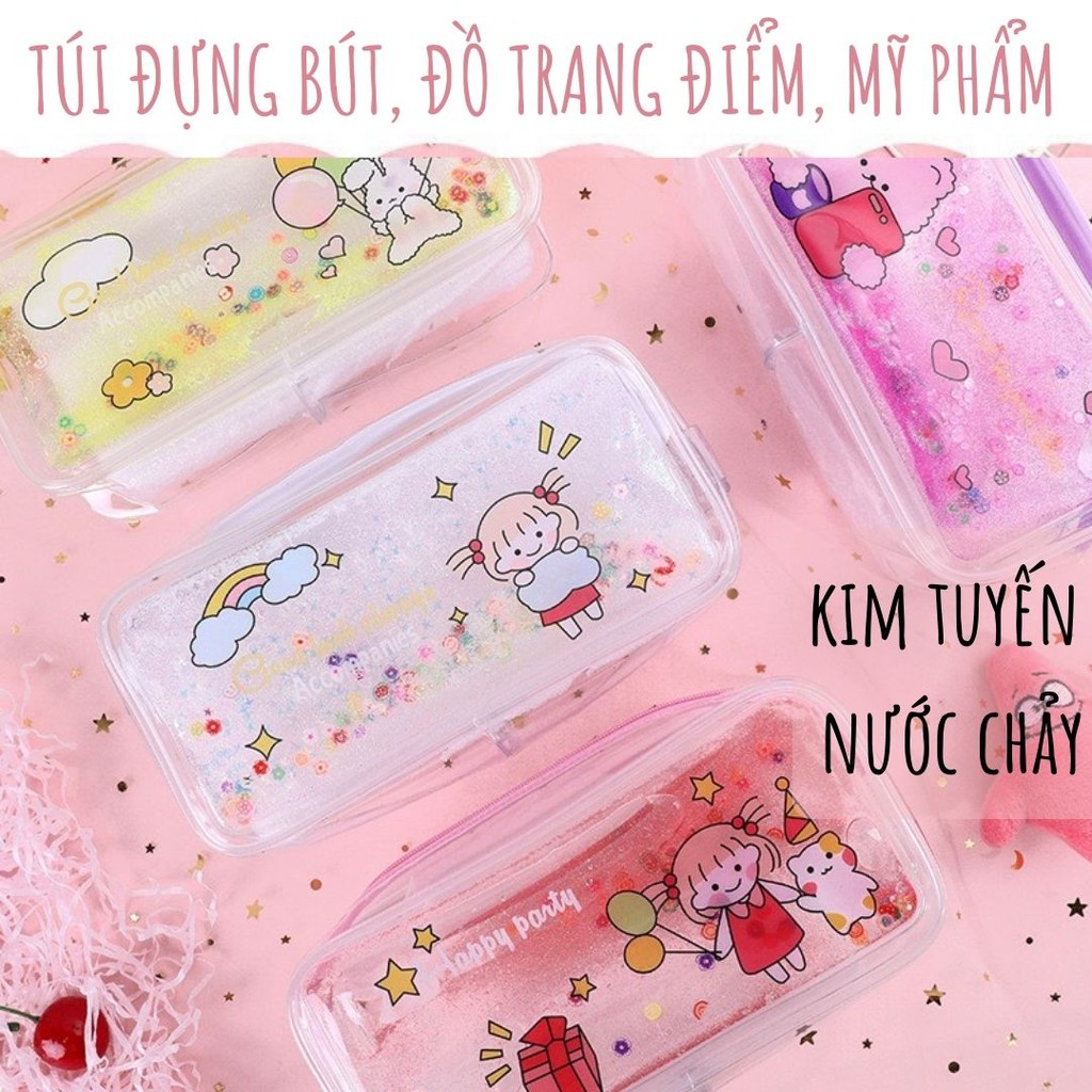 Túi đựng bút dụng cụ học tập đồ trang điểm mỹ phẩm trong suốt kim tuyến nước chảy TN06