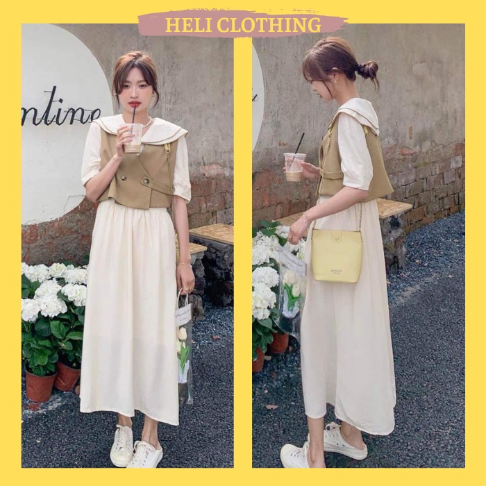 Váy Babydoll Dáng Dài Kèm Gile, Váy Sơ Mi Suông Chất Linen Thun Và Cotton Lạnh, Kiểu Trẻ Trung Năng Động