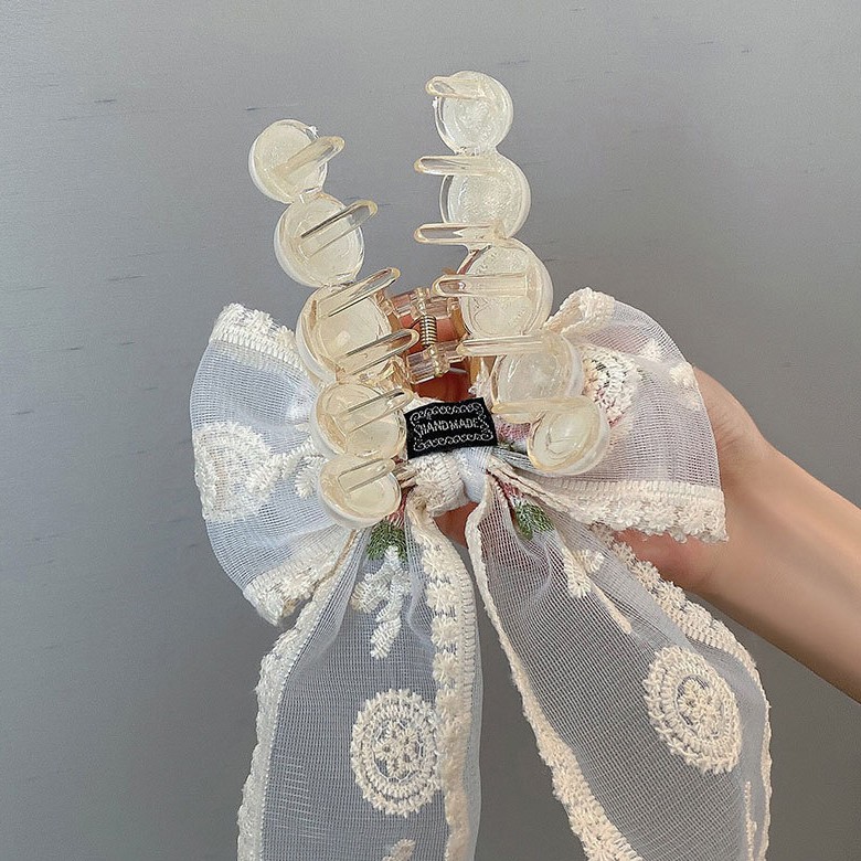 Kẹp Tóc Đính Nơ Ruy Băng Phối Ren Bằng Acrylic Thời Trang