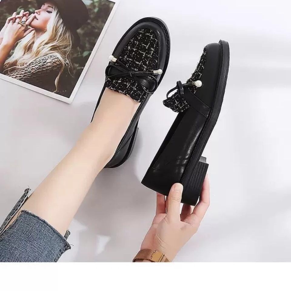 Giày búp bê phối vải dạ cột dây nơ đế 2.5cm G092
