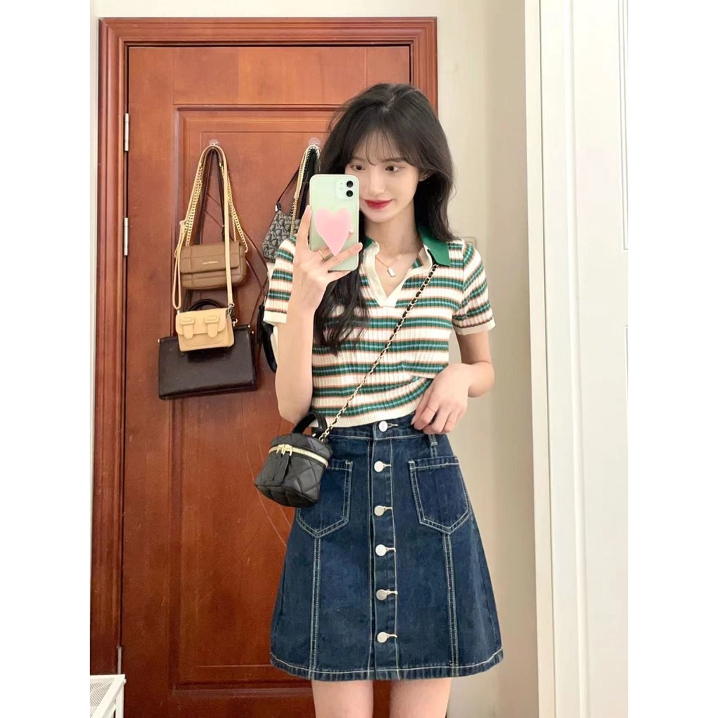 Set Áo Thun Polo Tay Ngắn Kẻ Sọc Phối Chân váy jean Thời Trang Trẻ Trung Cho Nữ