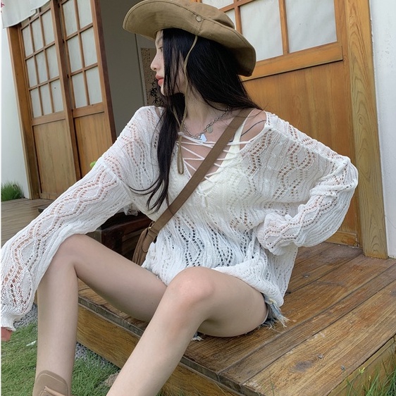 [Hana And Alice] Áo Dệt Kim Tay Dài Dáng Rộng Chống Nắng Thời Trang Đi Biển Trẻ Trung