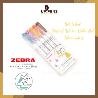 Set 5 bút brush viết calligraphy Zebra Mildliner Double-Sided Highlighter Brush - 5 Deep & Warm Color Set (Nhãn vàng)