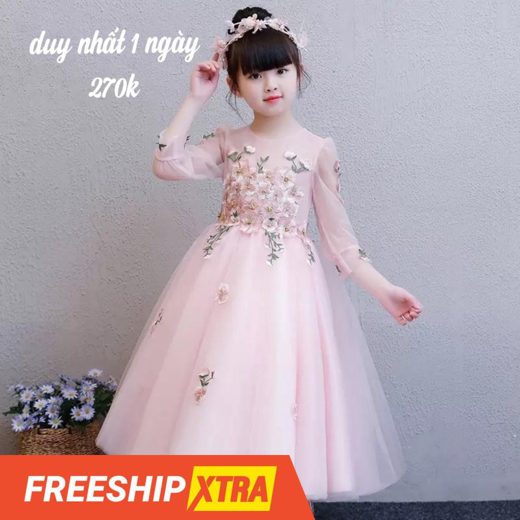 💃 😮 Đầm Công Chúa Bé Gái Hồng Dài Ren Thêu Cao Cấp 9kg - 40kg 💕💃🎁
