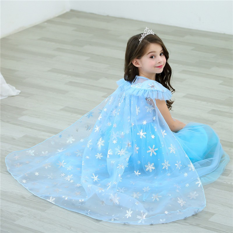 Váy Elsa màu xanh cao cấp kèm tà dài cho bé 3-8 tuổi