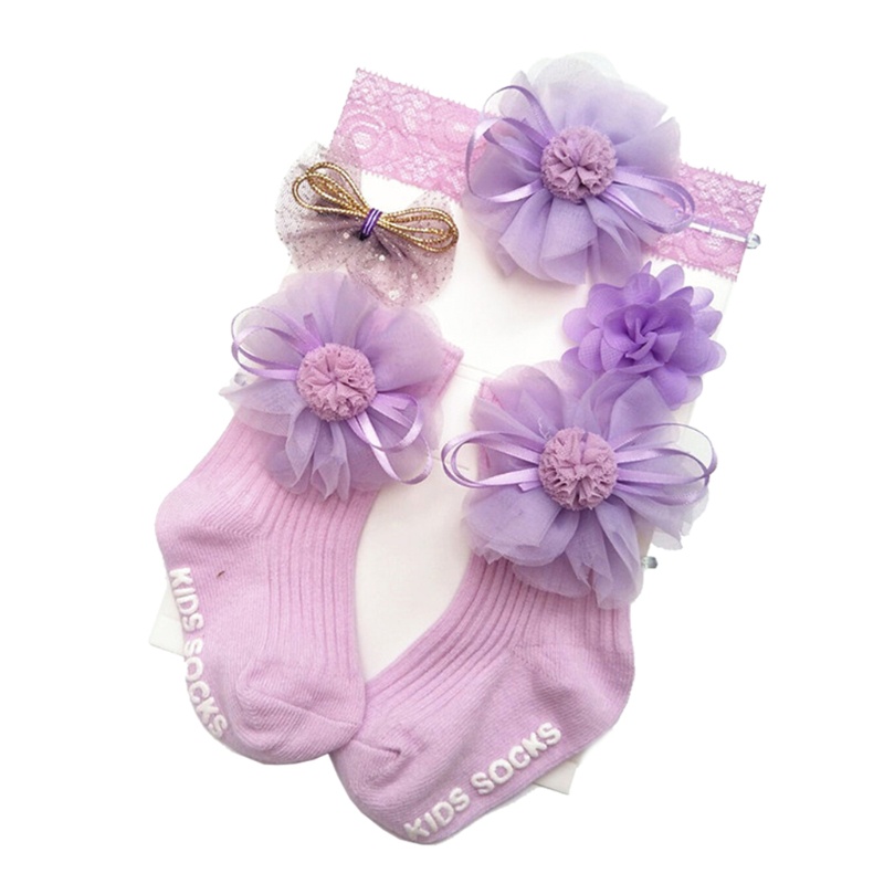 1 Bộ Vớ Cotton Mềm Mại Phối Ren Hoa + Băng Đô Cài Tóc + Hộp Kẹp Tóc
