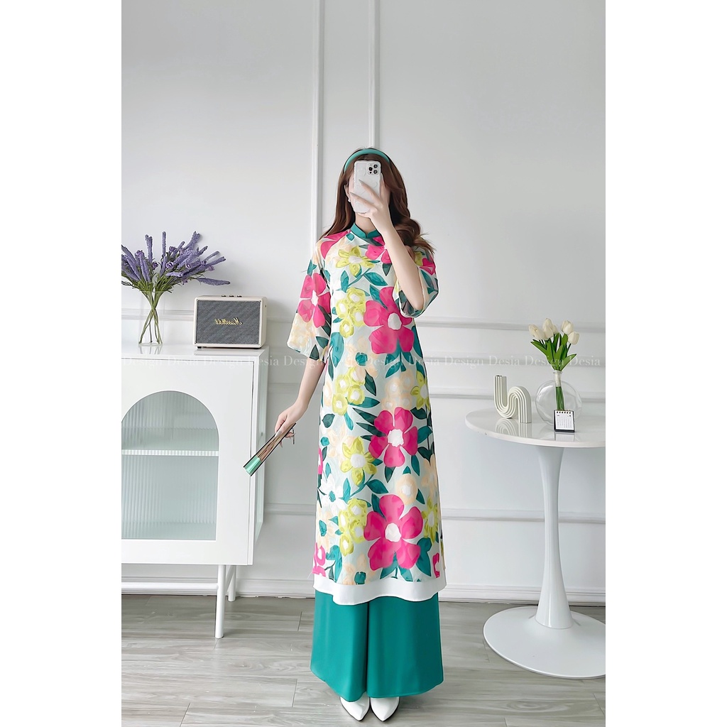Áo dài hoạ tiết thiên hy+ tặng kèm quần nhà DESIA | BigBuy360 - bigbuy360.vn