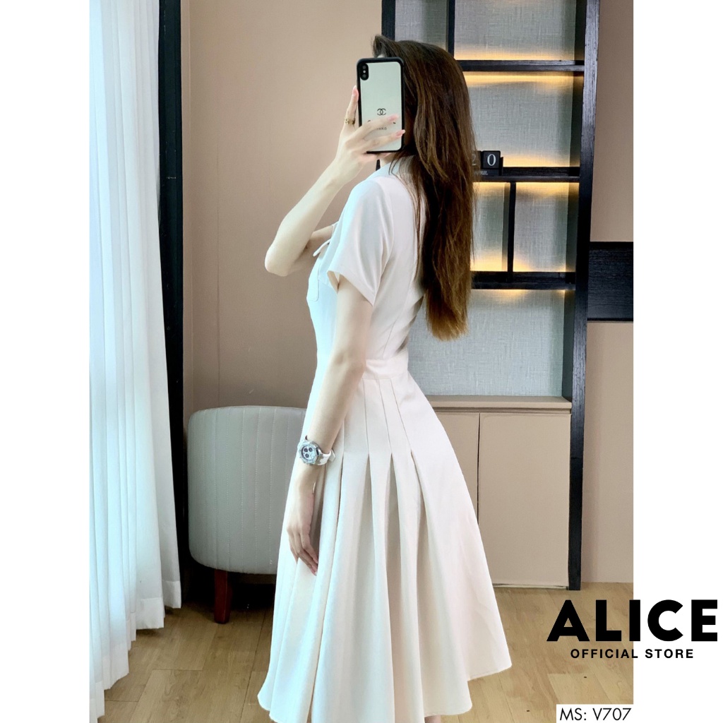 Váy Trắng Tiểu Thư Thiết Kế Thanh Lịch ALICE Đầm Công Sở Dáng Xòe Tay Lỡ Phối Nơ Cổ Kèm Khuy Sang Trọng, Lịch Sự V707