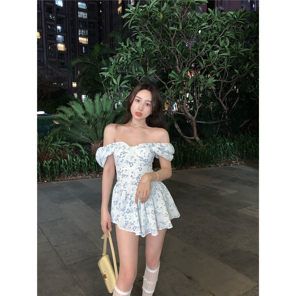 Jiashucheng Đầm Ngắn Ôm Eo Tay Phồng Họa Tiết Hoa Phong Cách Pháp Ngọt Ngào Thời Trang Mùa Hè Cho Nữ