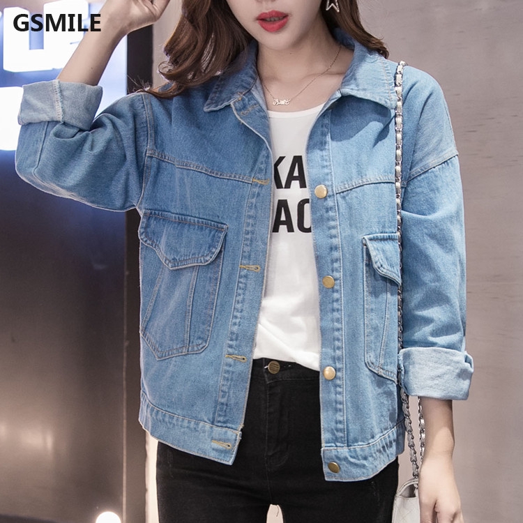 Áo khoác Jeans tay dài phối túi thiết kế đơn giản phong cách Hàn Quốc cho nữ