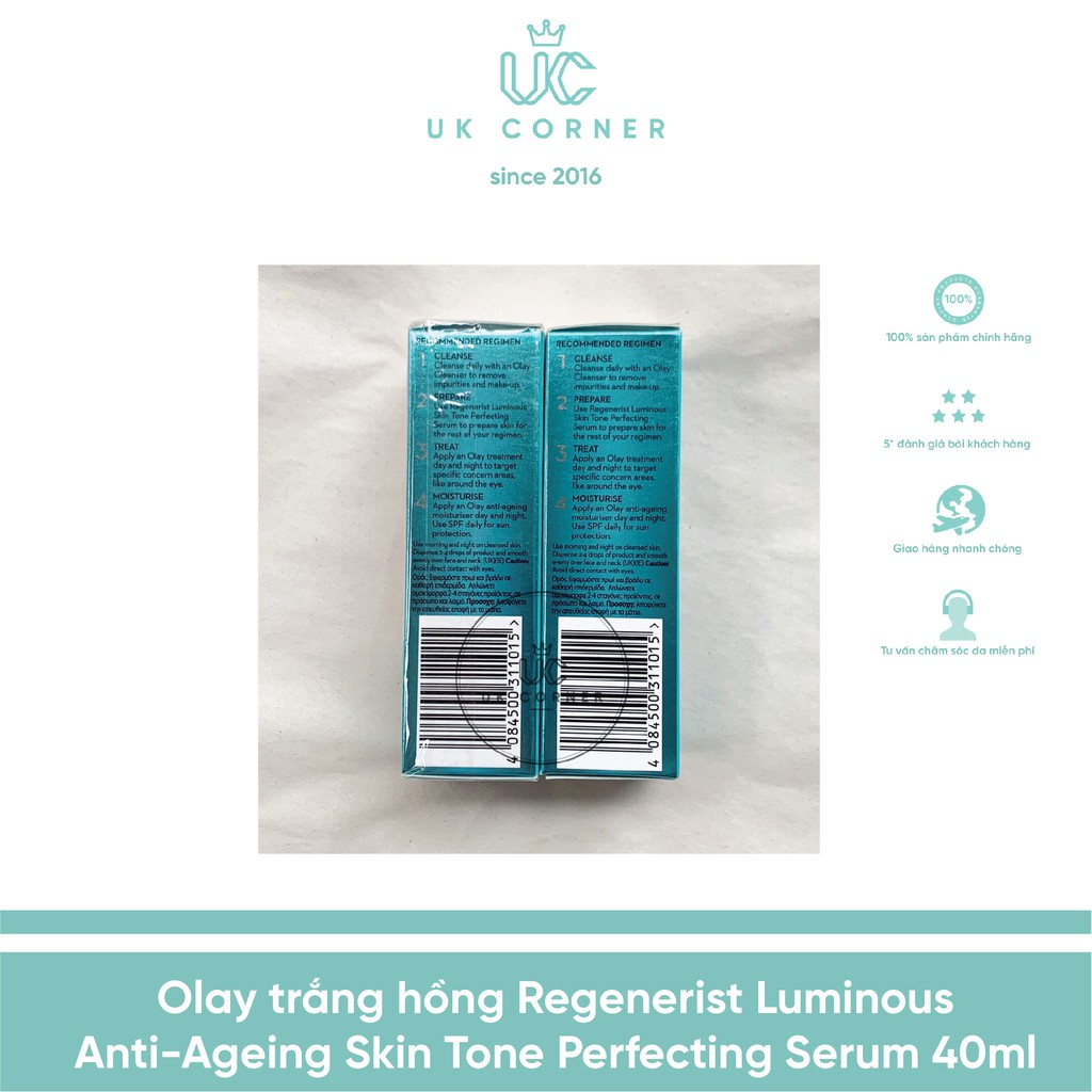 B3 hàm lượng cao làm sáng trắng da OLAYUK hàng Anh OIay Regenerist Luminous Anti-Ageing Skin Tone Perfecting Serum 40 ml