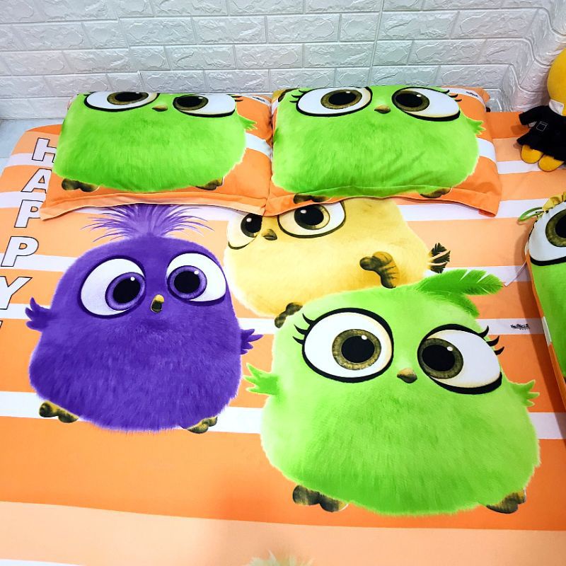 BỘ DRAP THUN HÀN QUỐC ANGRY BIRDS [ 5 MÓN : 1 GA TRẢI GIƯỜNG, 2 VỎ GỐI NẰM, 1 VỎ GỐI ÔM, 1 MỀN CHẦN GÒN ].