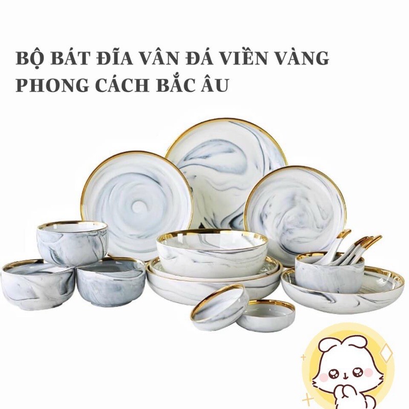 Bộ bát đĩa 26 món vân hồng viền mạ vàng phong cách Bắc Âu