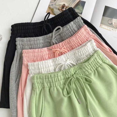 Quần short thể thao nữ cạp cao màu đen phong cách Hàn Quốc, ống rộng, quần short cotton