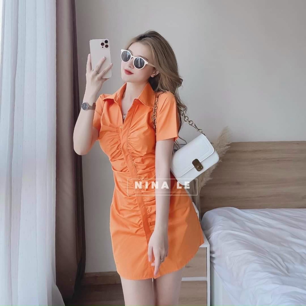 FREESHIP Đầm Cổ Sơ mi Nhún Cài Nút Thật Chất lụa mềm Cao Cấp thiết kế gợi cảm quyến rũ KDS