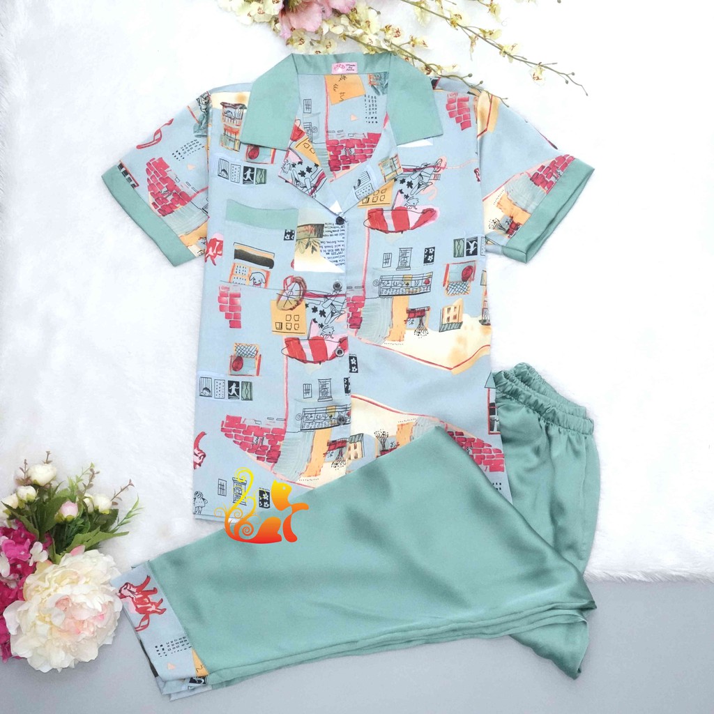 Bộ Mặc Nhà &quot;Tranh vẽ&quot; Pijama Satin Phối Quần Dài Cao Cấp - Siêu Mát - Dưới 60kg.