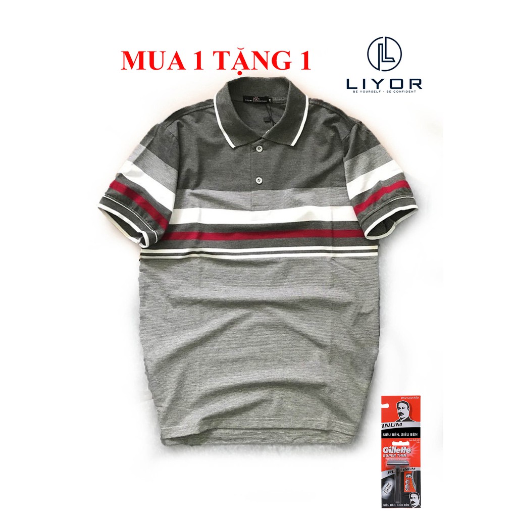 [MUA 1 TẶNG 1] Áo thun nam có cổ sọc ngay hai màu phù hợp với dáng người từ 50kg - 85kg (nhiều màu) Liyor