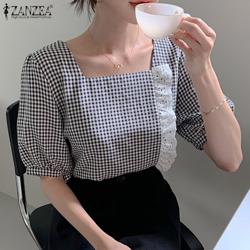 Zanzea Áo Nữ Tay Ngắn Cổ Vuông Phối Ren Thời Trang Hàn Quốc