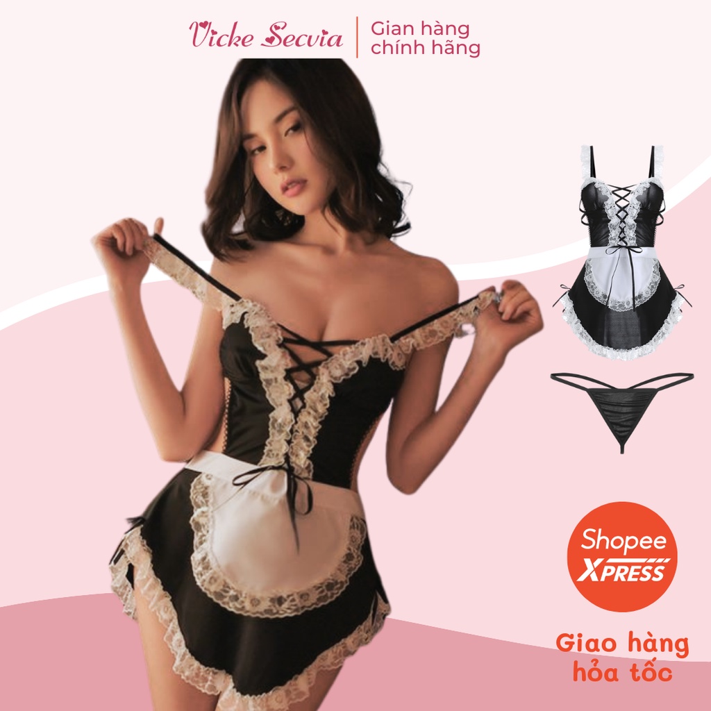 Bộ đồ ngủ cosplay hầu gái VICKE SECVIA chất kaki thun cao cấp ít nhăn, đầy đủ phụ kiện đi kèm, phong cách sexy 1668