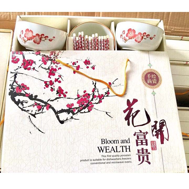 Bộ 6 Chén Sứ Họa Tiết Kèm 6 Đôi Đũa