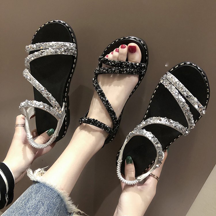 Giày sandal đế bánh mì dày quai dây chéo đính họa tiết đá lấp lánh thời trang cho nữ