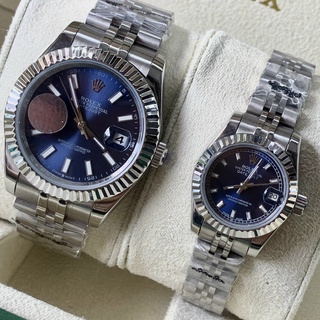 Đồng hồ đôi Nam Nữ Rolex số gạch da quang mặt xanh cơ Automatic Full Diamond size 41mmm nam- 28mm dây kim thumbnail