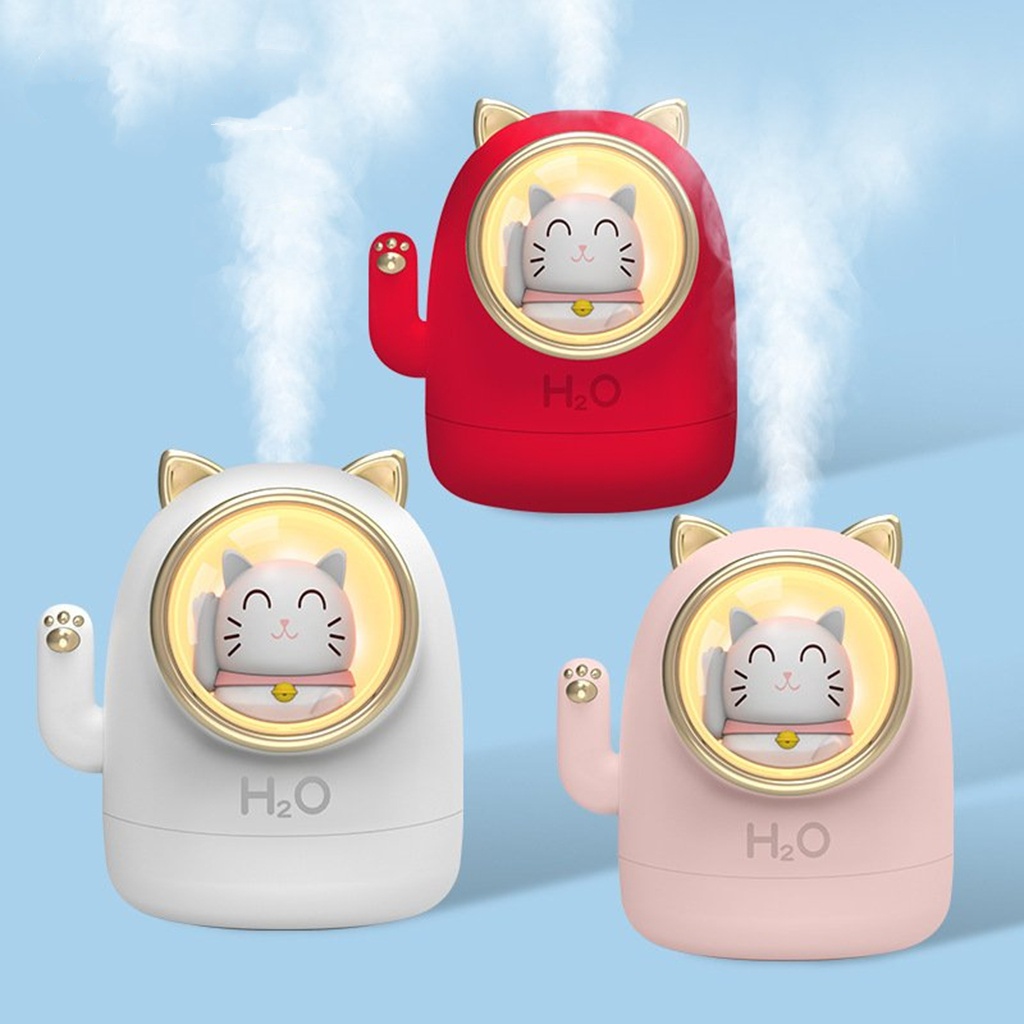 Máy phun sương tạo ẩm mini mèo may mắn dung tích 400ml, máy phun sương đèn Led cổng sạc Usb