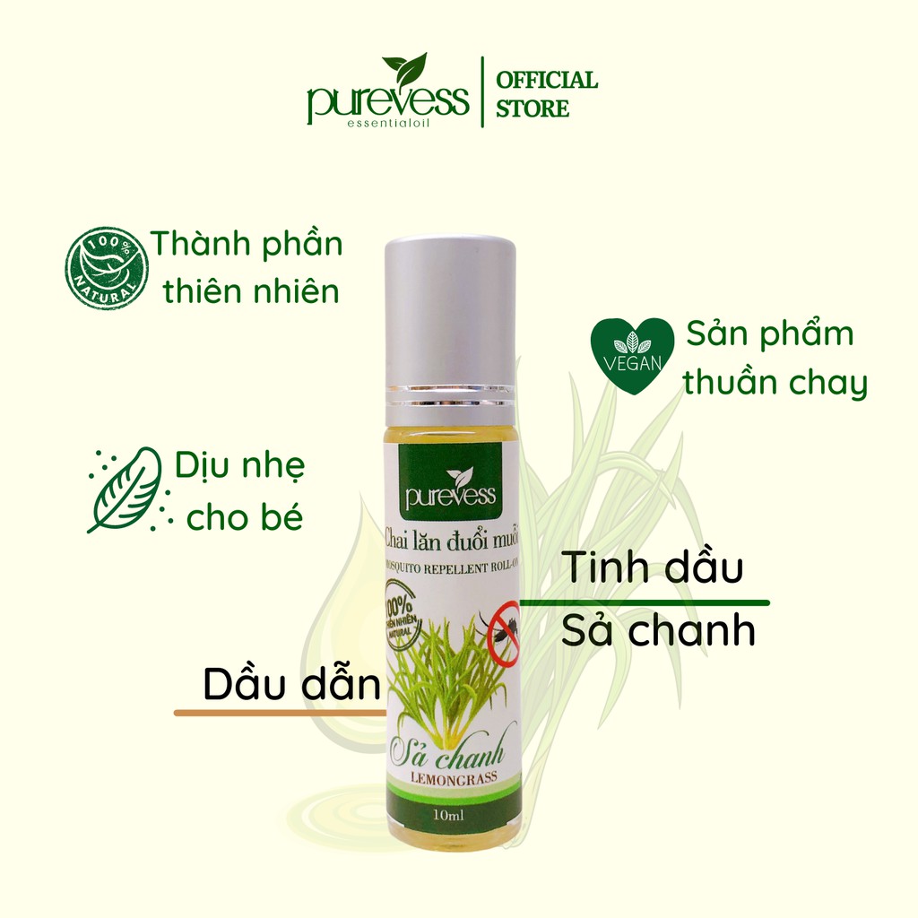 Chai lăn đuổi muỗi Purevess, hương sả chanh giúp đuổi muỗi và làm giảm vết sưng 10ml